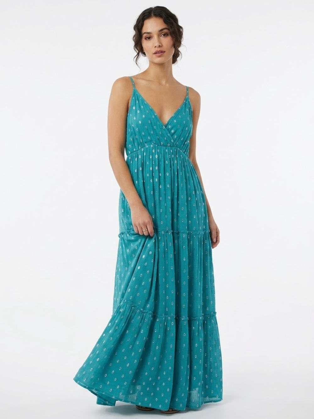 En Crème Teal Silver Metallic Dot Tiered Boho Maxi Dress M